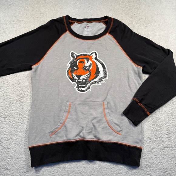 Majestic Cincinnati Bengals Raglan Crewneck Sweatshirt Pullover Pocket Women's M - Picture 1 of 6